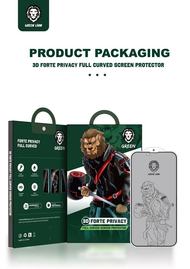  بسته‌بندی گلس 3D Forte Privacy Green Line مناسب برای آیفون 13، 13 Pro و 14 با طراحی شیر و نوشته‌های مربوط به ویژگی‌های ضد خش و وضوح بالا 