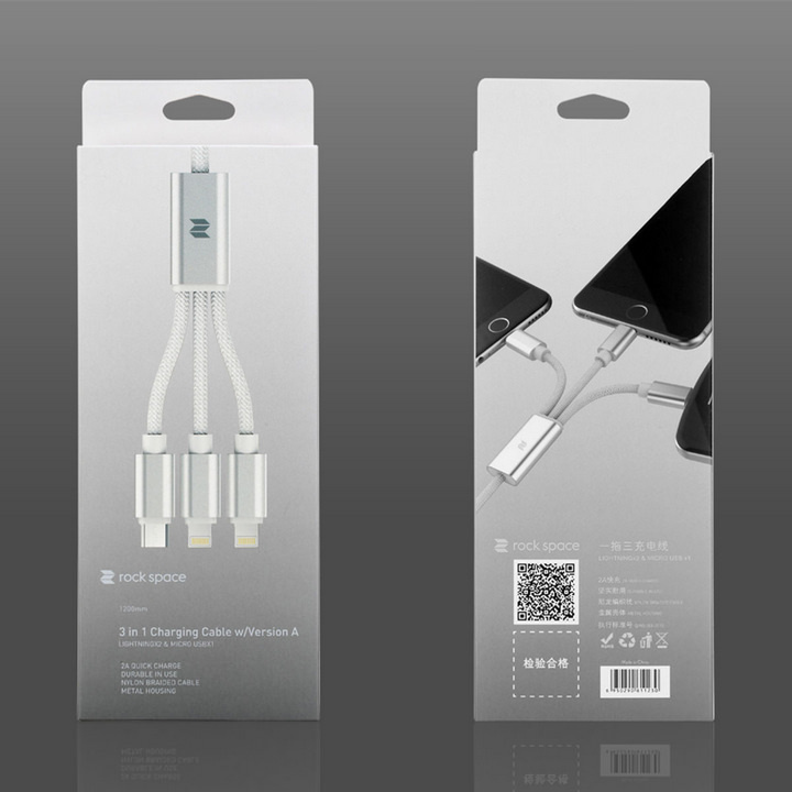  کابل USB به لایتنینگ/Micro-USB راک اسپیس مدل w/Version A 3 in 1 به طول 1.2 متر نمای بسته بندی 
