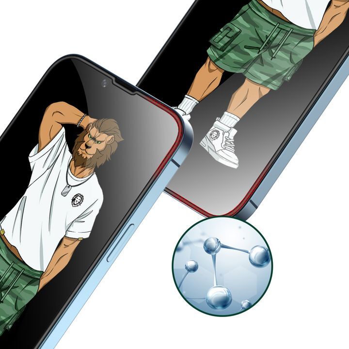  تصویری از گلس 3D Silicone Plus گرین لاین برای گوشی موبایل اپل مدل iPhone 13 / 13 Pro / 14 که دو گوشی را با محافظ نمایش می‌دهد و لوگوی فناوری نانو در کنار آن وجود دارد. 