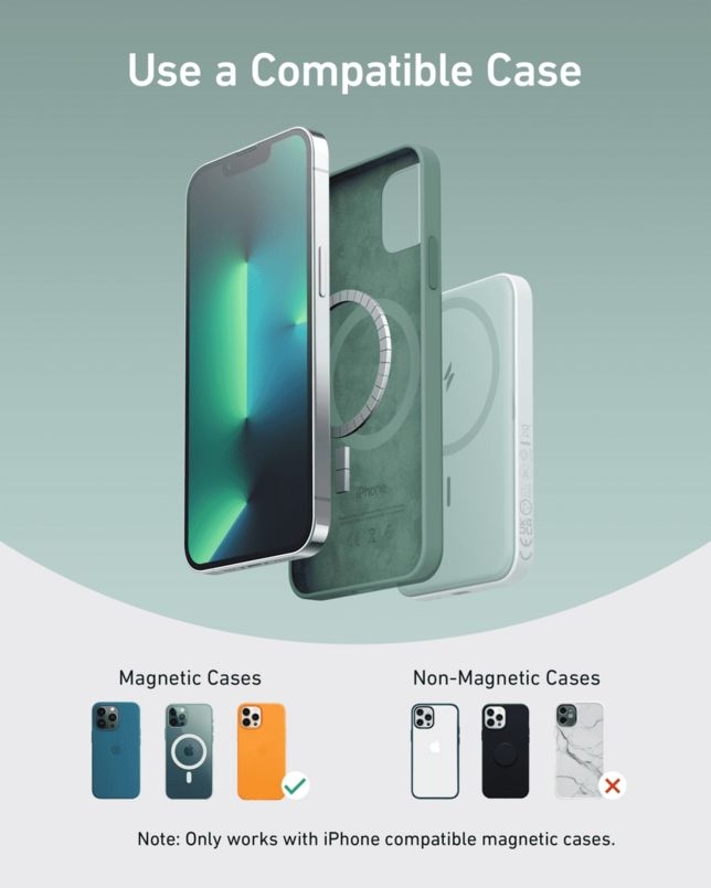 سازگاری پاوربانک انکر 621 با قابهای مغناطیسی آیفون و هشدار برای قابهای غیرمغناطیسی-رنگ سبز