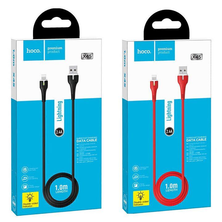  کابل تبدیل USB به لایتنینگ هوکو مدل X45 به طول 1 متر با قابلیت شارژ سریع، در دو رنگ مشکی و قرمز 