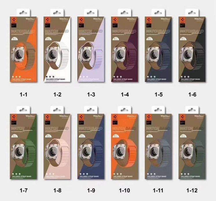  بسته‌بندی‌های مختلف بند اپل واچ مدل Tailored Strap در رنگ‌های متنوع، قرارگرفته در کنار هم 
