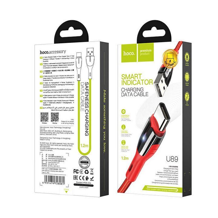 بستهبندی کابل تبدیل USB به Type-C هوکو مدل U89 به طول 1.2 متر، با طراحی مدرن و رنگ قرمز