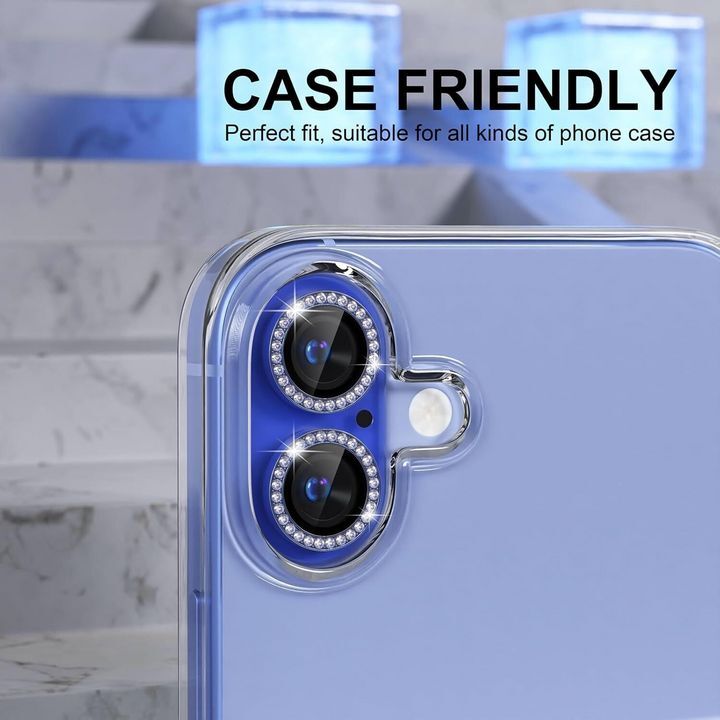  محافظ لنز الماسی برای دوربین گوشی موبایل iPhone 16 / 16 Plus که با تمامی قاب‌ها سازگار است، در حال نمایش بر روی دوربین گوشی 