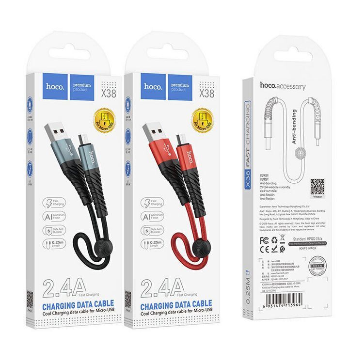  بسته‌بندی کابل تبدیل USB به Micro USB هوکو مدل X38 به طول ۰.۲۵ متر با ویژگی‌های شارژ سریع، مقاوم در برابر خمیدگی و ساخته شده از آلومینیوم، در رنگ‌های آبی و قرمز 