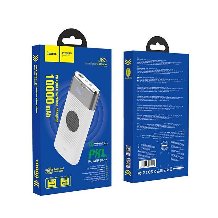 پاوربانک هوکو مدل J63 با ظرفیت 10000 میلی آمپر ساعت با بستهبندی آبی رنگ و قابلیت شارژ بیسیم