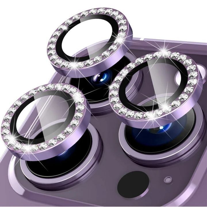  محافظ لنز الماسی تزئین شده برای دوربین گوشی موبایل iPhone 13 mini به رنگ بنفش با طراحی شیک و درخشان 