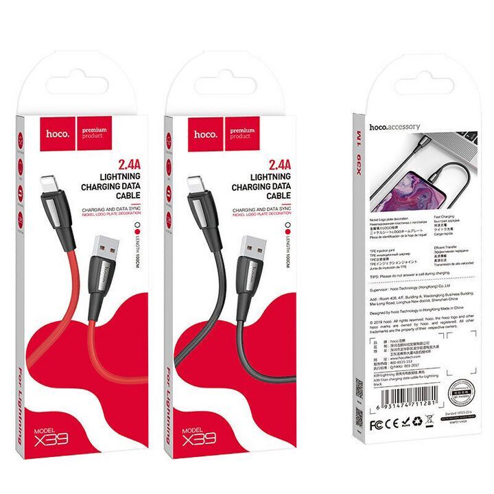  بسته‌بندی کابل تبدیل USB به لایتنینگ هوکو مدل X39 با طول 1 متر، دارای طراحی قرمز و مشکی و نشان‌دهنده قابلیت شارژ و انتقال داده 