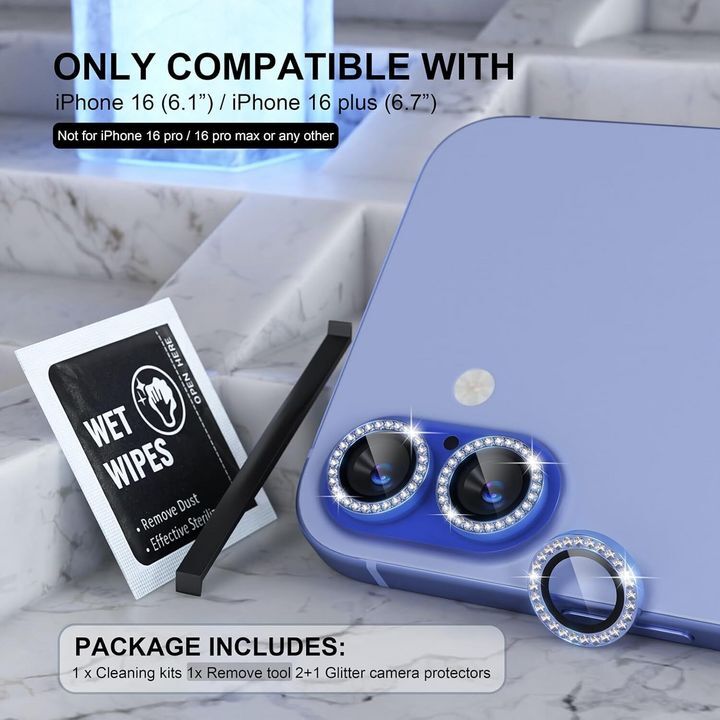  محافظ لنز الماسی درخشان مناسب برای دوربین گوشی موبایل iPhone 16 / 16 Plus به همراه دستمال مرطوب و ابزار نصب 