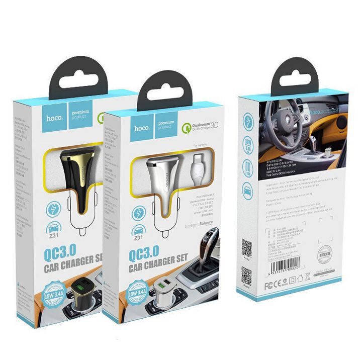  بسته‌بندی شارژر فندکی هوکو مدل Z31 به همراه کابل لایتنینگ، با قابلیت شارژ سریع QC3.0 و توان 18 وات، مناسب برای استفاده در خودرو 