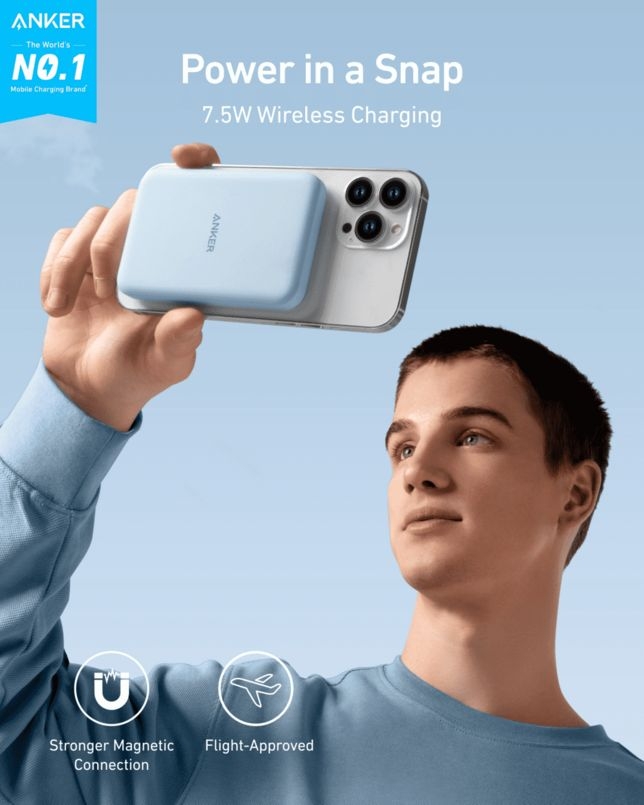 اتصال مغناطیسی قوی پاوربانک انکر مدل 621 به آیفون با قابلیت شارژ بیسیم 7.5 واتی-رنگ آبی