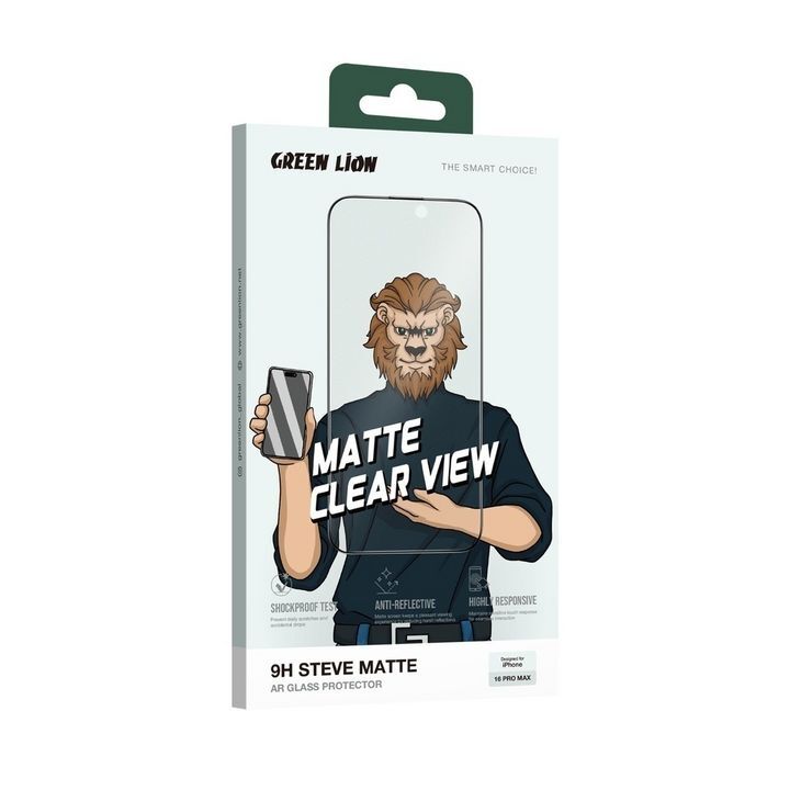  بسته‌بندی گلس STEVE گرین لاین مناسب برای گوشی موبایل اپل iPhone 16 Pro با طراحی شیر و ویژگی‌های ضد ضربه، ضد انعکاس و حساسیت بالا 