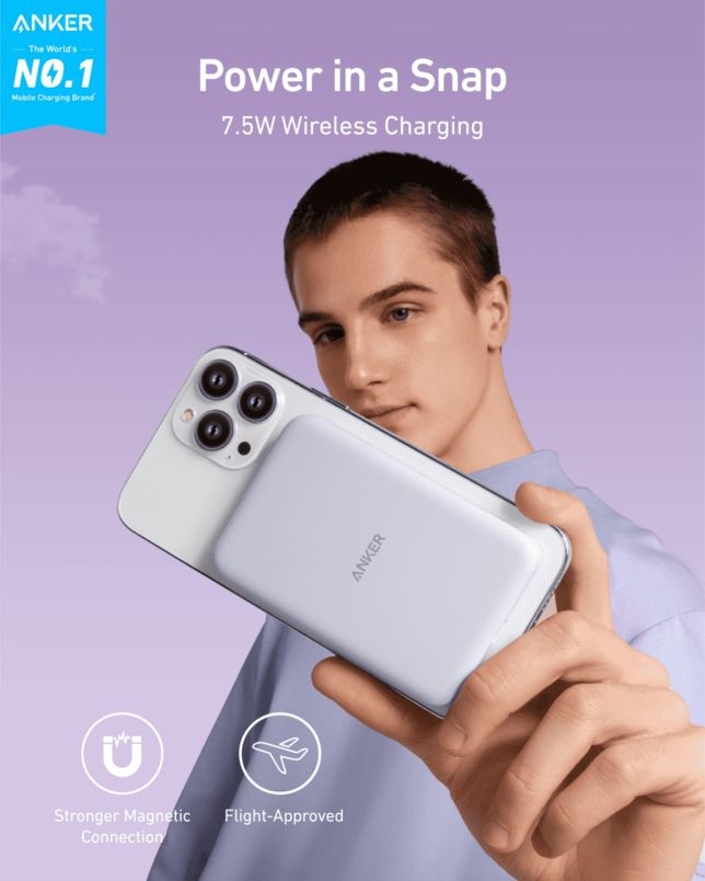 اتصال مغناطیسی قوی پاوربانک انکر مدل 621 به آیفون با قابلیت شارژ بیسیم 7.5 واتی-رنگ یاسی