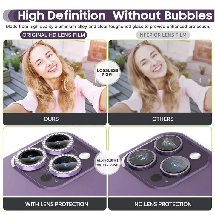 محافظ لنز الماسی برای iPhone 11 Pro، نمایش کیفیت تصویری بالا و بدون حباب، مقایسه قبل و بعد از استفاده با دو عکس از لنز گوشی، یکی با محافظ و دیگری بدون محافظ.