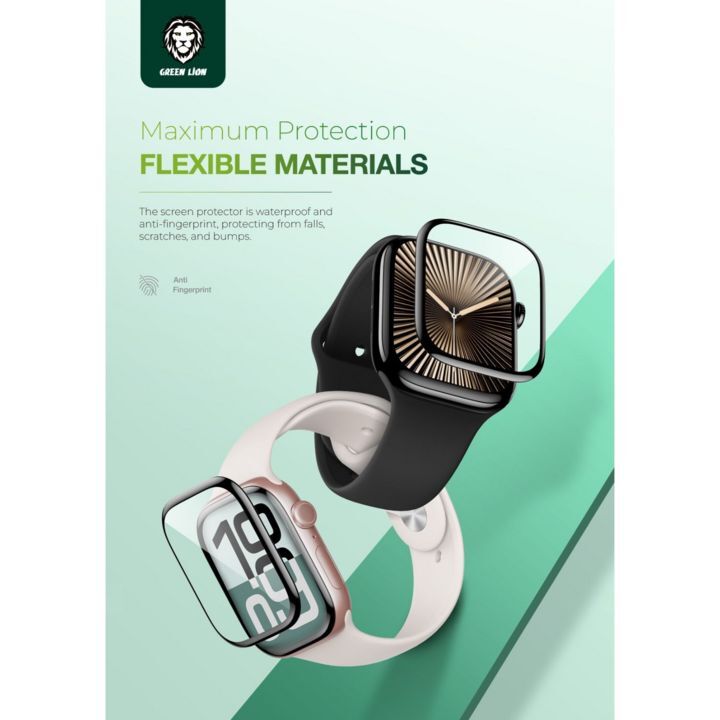  گلس 3D برند گرین لاین مناسب برای اپل واچ سری 10، نمایش حالت نصب بر روی ساعت هوشمند و ویژگی ضد خش و ضد اثر انگشت 