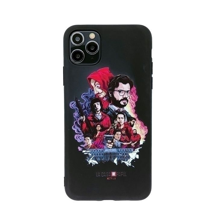 کاور مناسب برای گوشی موبایل اپل iPhone 11 Pro با طراحی شخصیت‌های سریال مانی هیست در پس‌زمینه مشکی