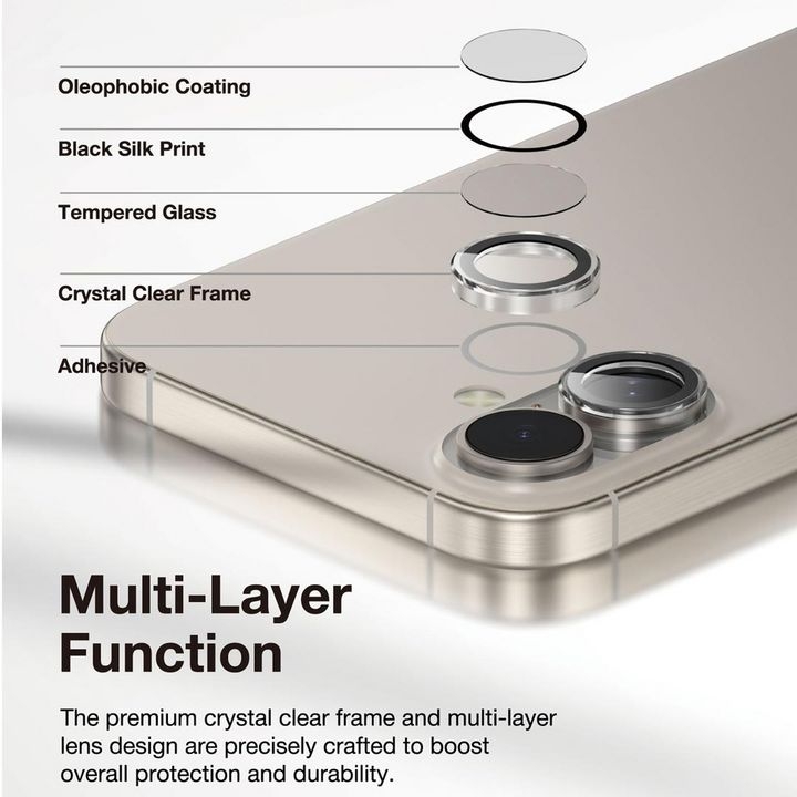 محافظ لنز DUO گرین لاین با طراحی چندلایه شامل پوشش اولئوفوبیک، چاپ مشکی ابریشمی، شیشه حرارتدیده و فریم شفاف کریستالی مناسب برای گوشی موبایل اپل مدل iPhone 16 / 16 Plus