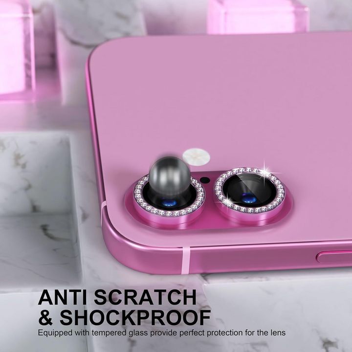  محافظ لنز الماسی با طراحی ضد خش و ضد ضربه برای گوشی موبایل iPhone 16 / 16 Plus به رنگ صورتی 