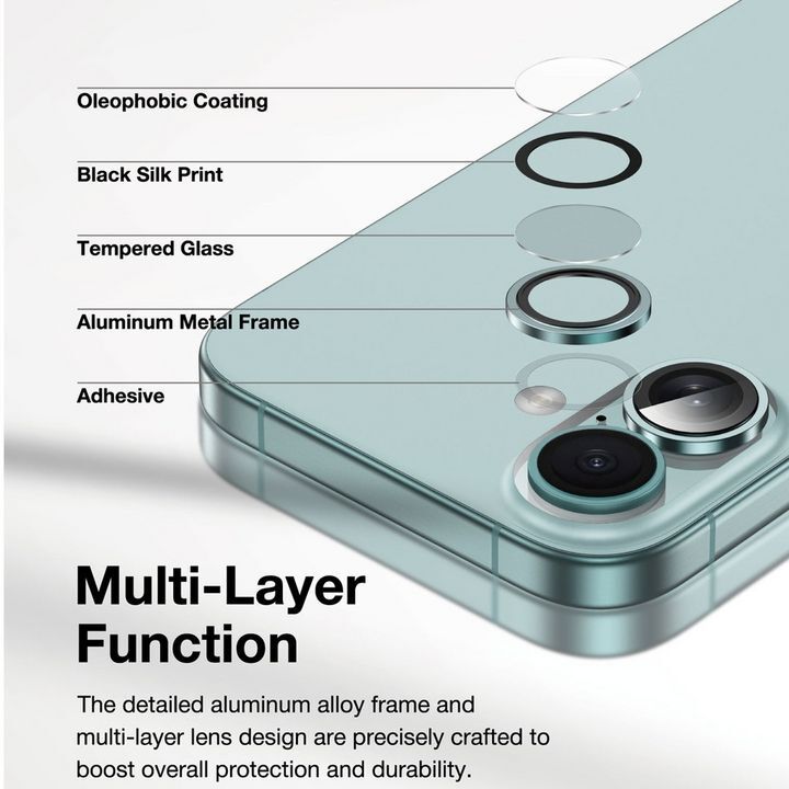  محافظ لنز HD Plus گرین لاین برای گوشی موبایل اپل مدل iPhone 16 / 16 Plus با لایه‌های مختلف شامل پوشش اولئوفوبیک، چاپ سیلک مشکی، شیشه حرارت‌دیده، فریم فلزی آلومینیومی و چسب. 