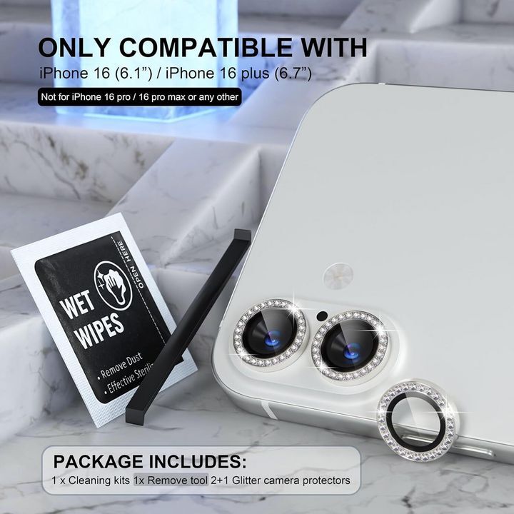  محافظ لنز الماسی برای دوربین گوشی موبایل iPhone 16 و iPhone 16 Plus به همراه کیت تمیزکننده و ابزار جداکننده. 