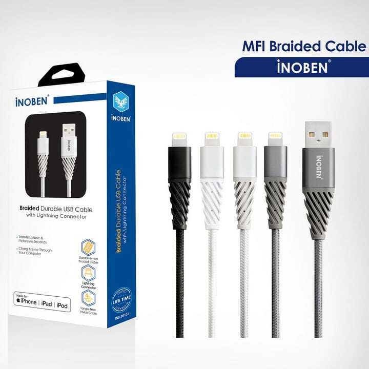  کابل تبدیل USB به لایتنینگ آینوبن مدل Braided به طول 1.2 متر نمای رنگ کابل ها 