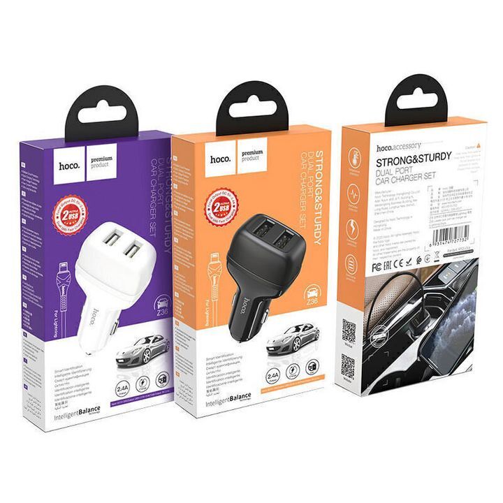  تصویر بسته‌بندی شارژر فندکی هوکو مدل Z36 همراه با کابل لایتنینگ به رنگ مشکی و سفید، مناسب برای خودروها 