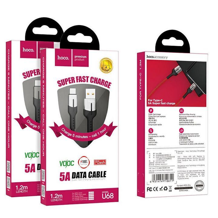  بسته‌بندی کابل تبدیل USB به Type-C هوکو مدل U68 به طول 1.2 متر با قابلیت شارژ سریع و انتقال داده 