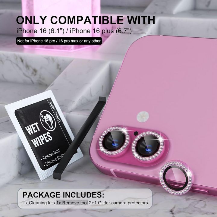  محافظ لنز الماسی مناسب برای گوشی موبایل iPhone 16 و iPhone 16 Plus با تم صورتی و کیت تمیزکننده 
