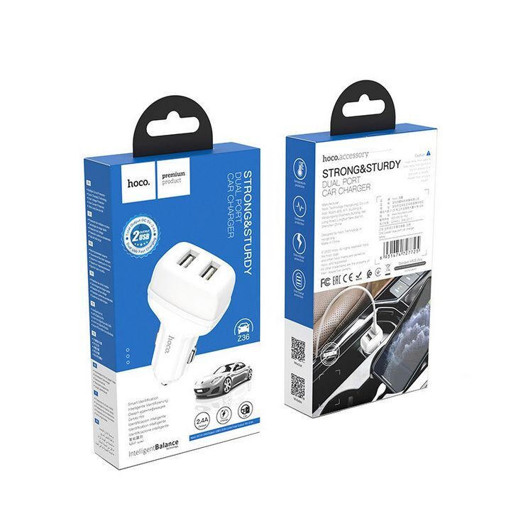 بستهبندی شارژر فندکی دو پورت هوکو مدل Z36 با قابلیت شارژ 2.4 آمپر و طراحی محکم و بادوام