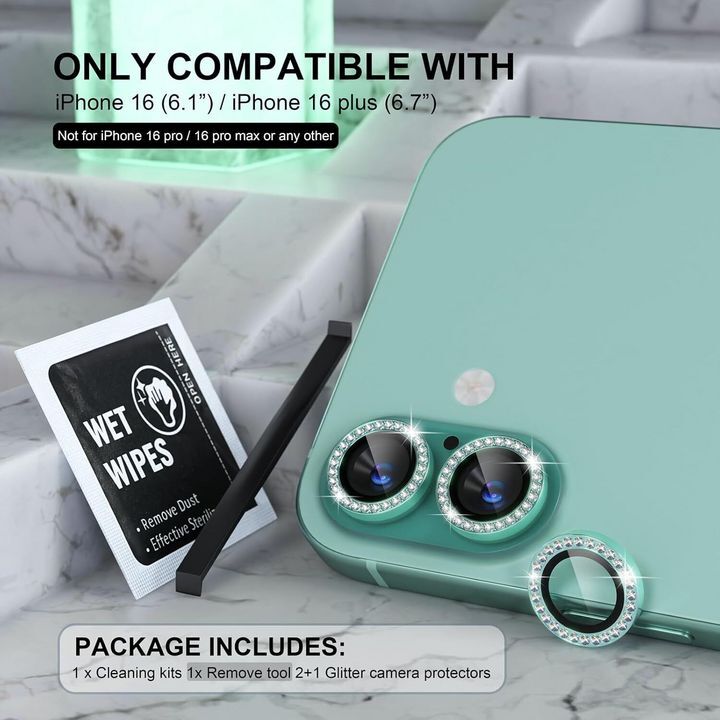  محافظ لنز الماسی برای دوربین گوشی iPhone 16 و 16 Plus با پکیج شامل کیت تمیزکننده و ابزار جداکننده 