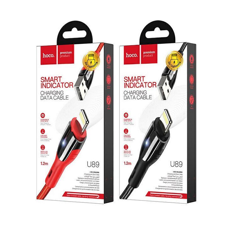  بسته بندی کابل تبدیل USB به لایتنینگ هوکو مدل U89 با طول 1.2 متر، موجود در دو رنگ قرمز و مشکی 