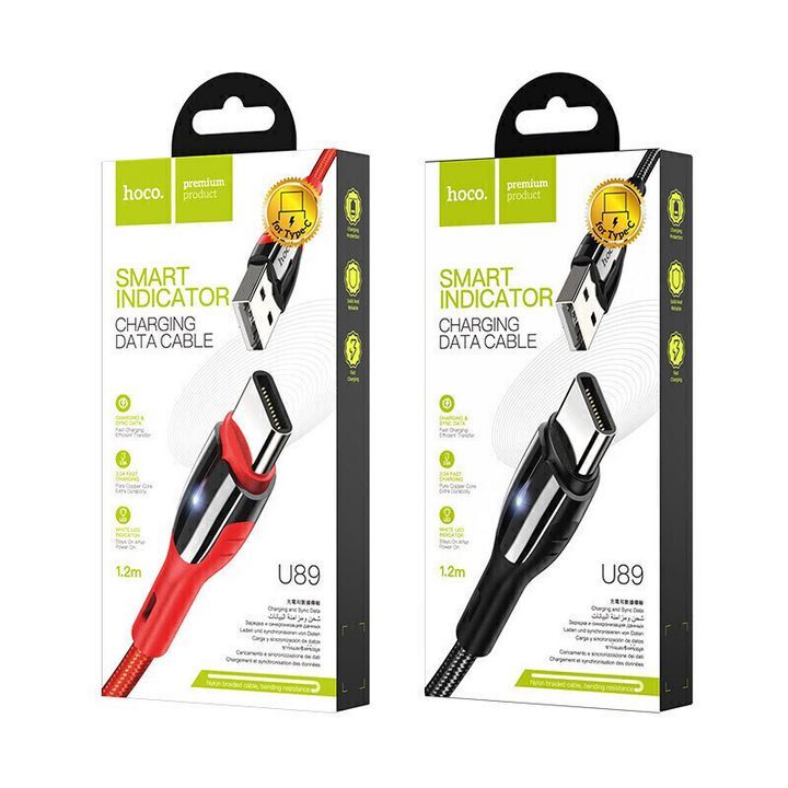 بستهبندی کابل تبدیل USB به Type-C هوکو مدل U89 در دو رنگ قرمز و مشکی با طول 1.2 متر