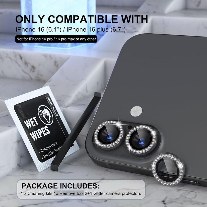  محافظ لنز الماسی برای دوربین گوشی موبایل iPhone 16 و iPhone 16 Plus شامل دو حلقه براق و پک تمیزکننده 