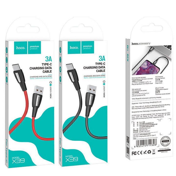 بسته بندی کابل تبدیل USB به Type-C هوکو مدل X39 با طول 1 متر به همراه تصویر کابل به رنگ مشکی و قرمز