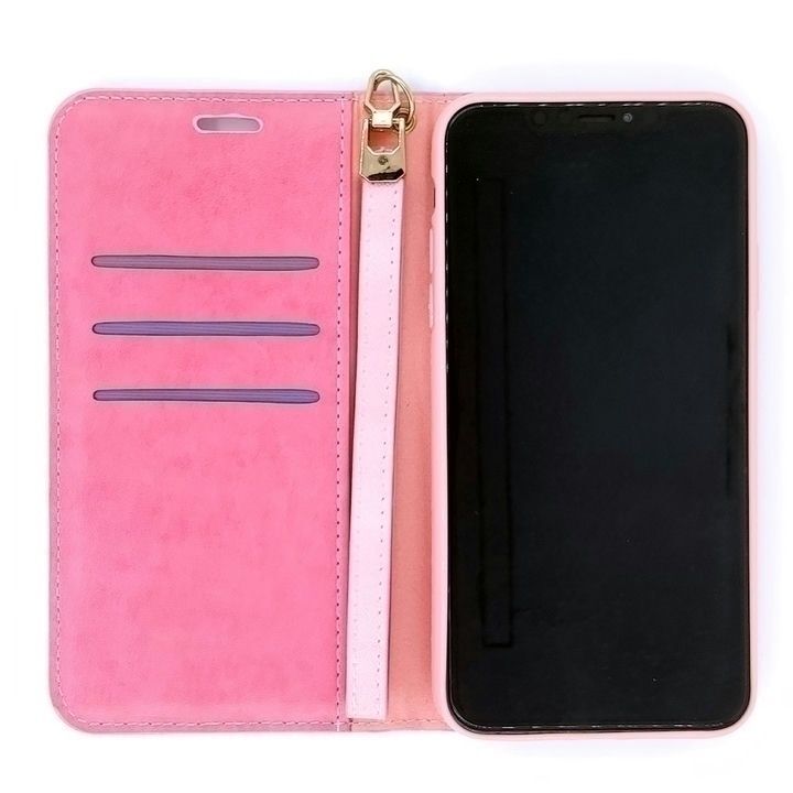 کیف صورتی مدل ویکتوریا سکرت مناسب برای گوشی موبایل اپل iPhone 11 Pro Max با جیبها و زبانه بستهشدن زیپدار