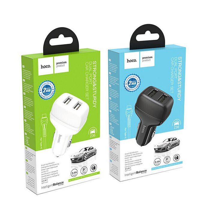  بسته‌بندی شارژر فندکی هوکو مدل Z36 با کابل Type-C در دو رنگ سیاه و سفید 