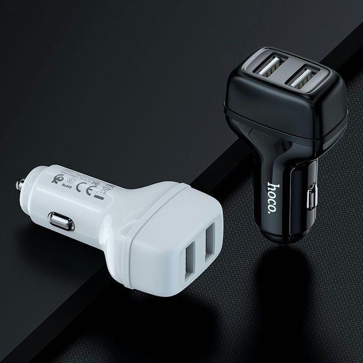 تصویر شارژر فندکی هوکو مدل Z36 با دو رنگ سفید و مشکی و دو پورت USB