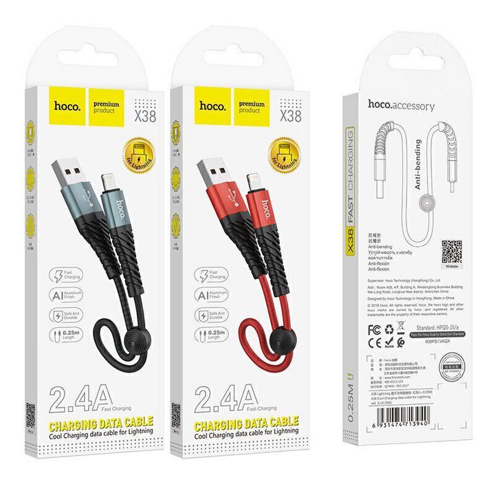  تصویر جعبه کابل تبدیل USB به لایتنینگ هوکو مدل X38 با طول 0.25 متر، نمایش دو رنگ قرمز و آبی با امکان شارژ سریع و مقاومت در برابر خمیدگی 