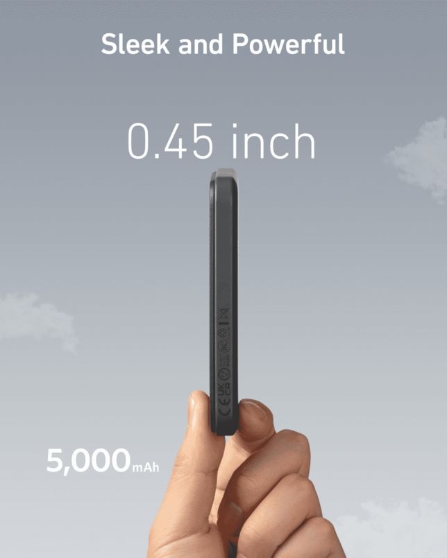 طراحی باریک و سبک پاوربانک مغناطیسی انکر مدل 621 با ضخامت 0.45 اینچ-رنگ خاکستری