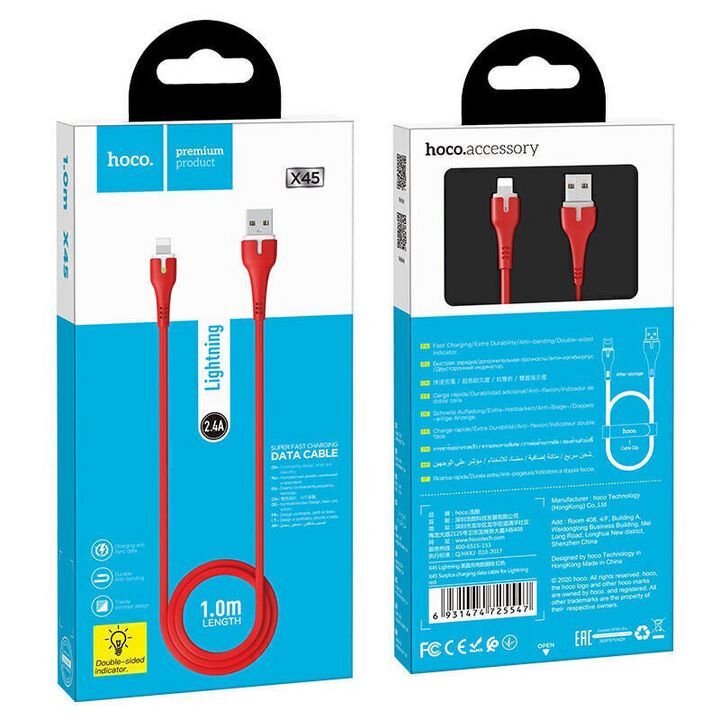 بسته‌بندی کابل تبدیل USB به لایتنینگ هوکو مدل X45 به رنگ قرمز و طول 1 متر 