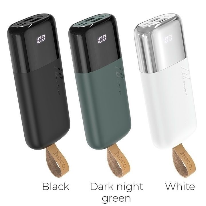 سه پاوربانک هوکو مدل J57 با ظرفیت 10000 میلی آمپر ساعت در سه رنگ مشکی، سبز تیره و سفید، دارای نمایشگر دیجیتال و بند چرمی