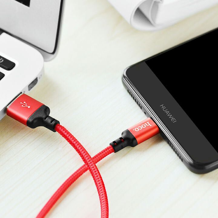  کابل USB به Type-C هوکو مدل X14 به در نمای اتصال لپ تاب و گوشی کابل قرمز 