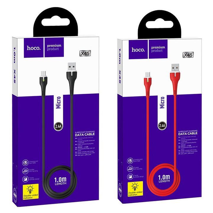 بسته بندی کابل تبدیل USB به Micro USB هوکو مدل X45 به طول 1 متر در دو رنگ مشکی و قرمز