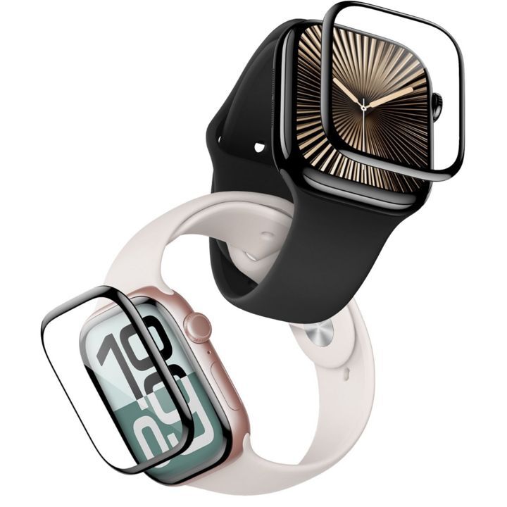  گلس 3D گرین لاین برای اپل واچ سری 10 در پس زمینه سفید، نمایش‌دهنده دو مدل ساعت هوشمند با بندهای مختلف 